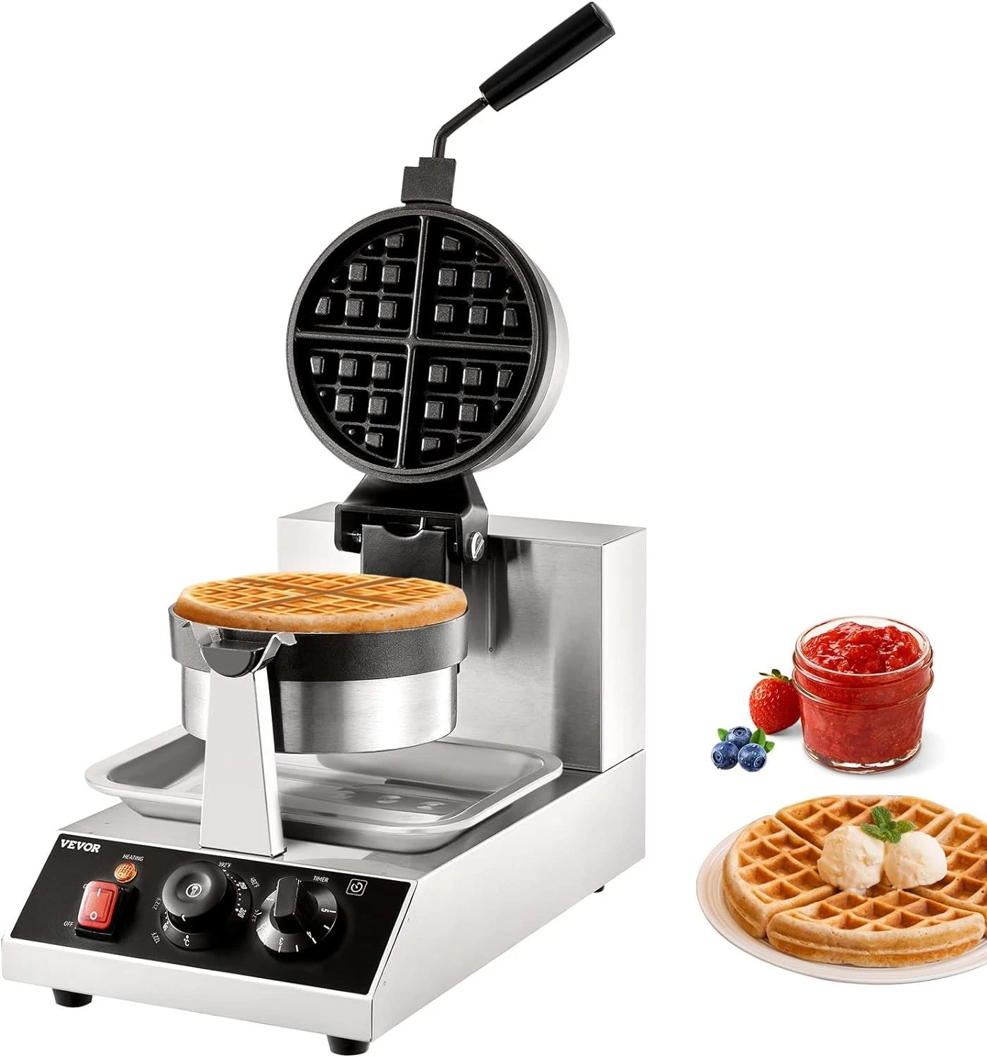 Commercial Waffle Maker, 1300W round Waffle Iron, Non-Stick Rotatable Waf