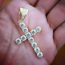 3Ct Round Cut VVS1/D Diamond Cross Pendant 14K Yellow Gold Finish Free Chain "18