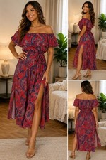 NY&C Red Paisley Off Shoulder Midi Dress Women’s Medium Belted Boho Ruffle