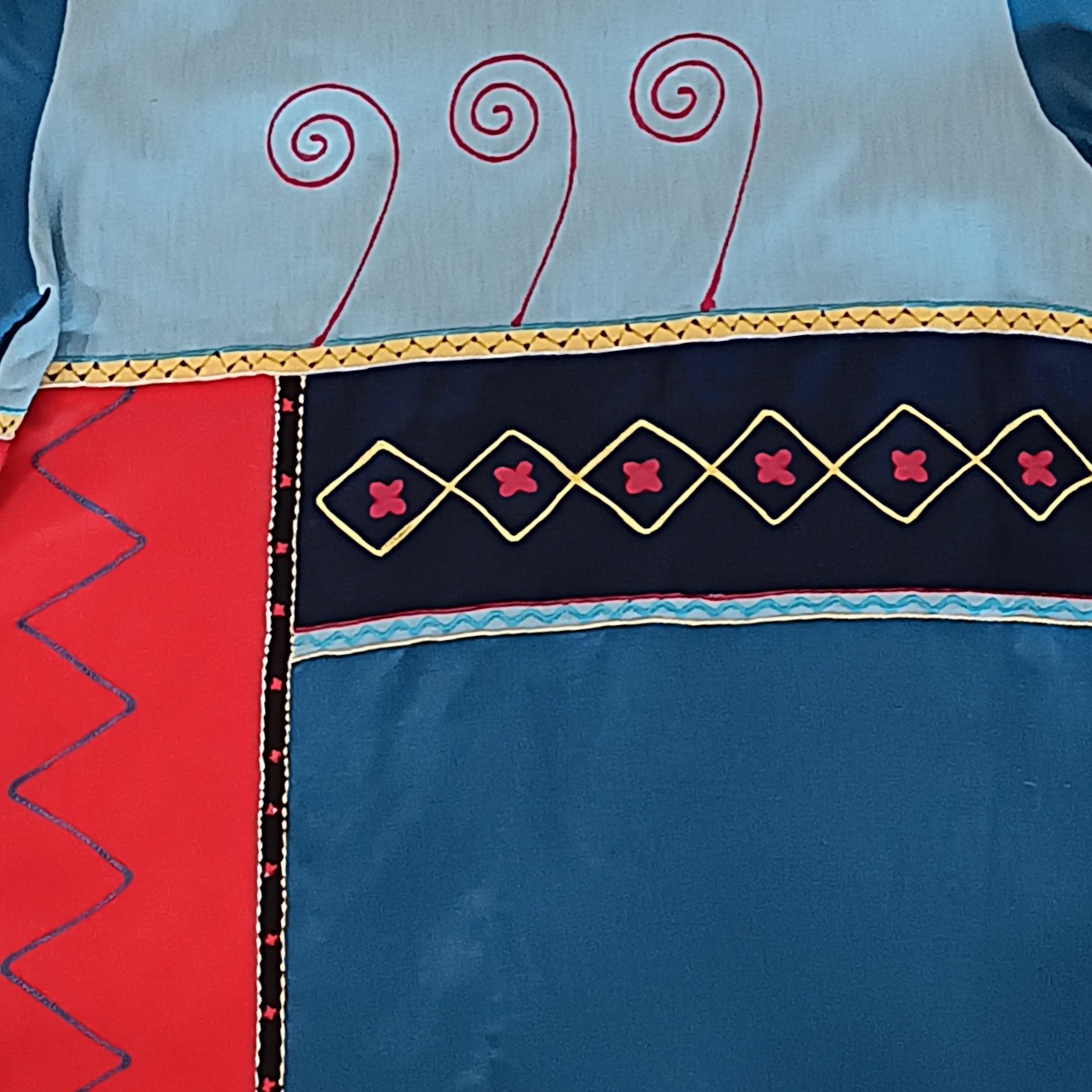 Patchwork Embroidered Jacket Blue Red Cotton Blen… - image 10