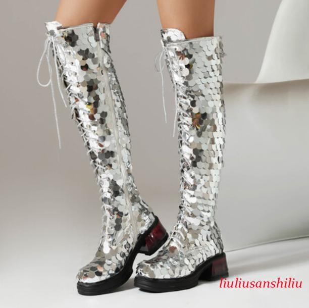 Women's Glitter Sequin Shoes Lace Up Over Knee High Boots Performance Stage Lady