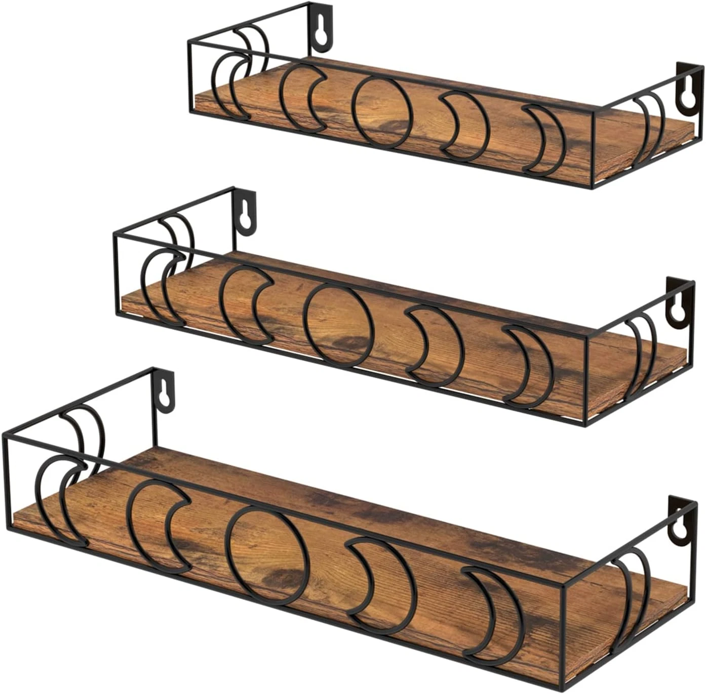 Moon Phase Floating Shelves Brown Black, Set of 3 Small Decorative Wall Shelves