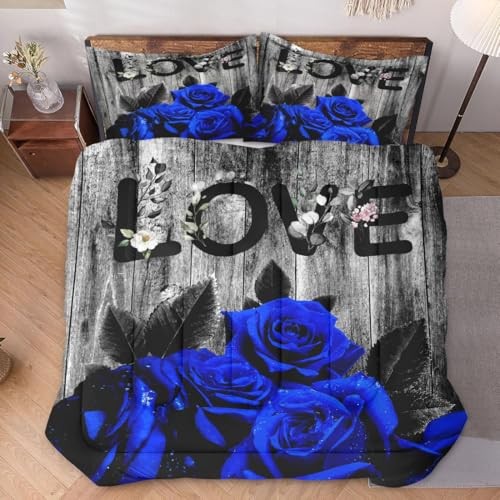 Comforter Set Size with 2 Pillowcases, Dark Blue Rose Flower 3 Queen Multi 21 - Picture 2 of 6