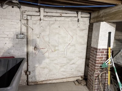 Vintage Industrial Fire Door, Steel-Clad Wood with Wrought or Cast Iron Hardware