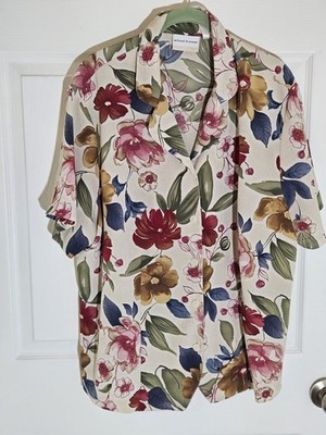 Alfred Dunner Button-up Collared Shirt 18W Tan With Muted Earth Tone Floral 