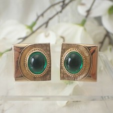 Vintage Swank Green Cabochon Shiny  Brushed Gold Plated Square Cuff Links