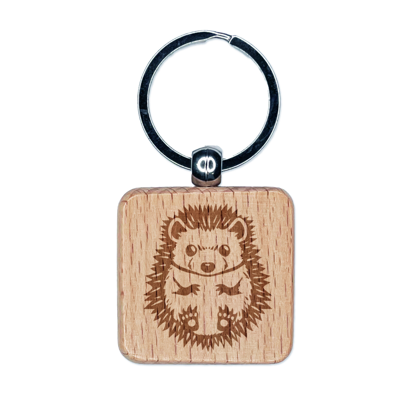 Adorable Hedgehog Curled in Ball Wooden Square Keychain Charm