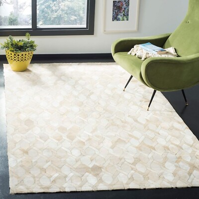Handmade Cowhide Patchwork Rug   Creamy Ivory Leather Hair Area Carpet 