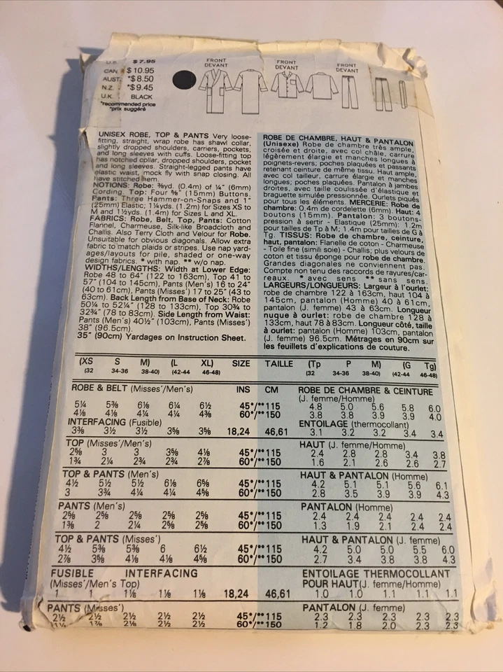 Bata Top Pantalones Unisex 1989 Butterick 4483 Vintage Patrón Costura Talla XS S M Foto 3 de 4