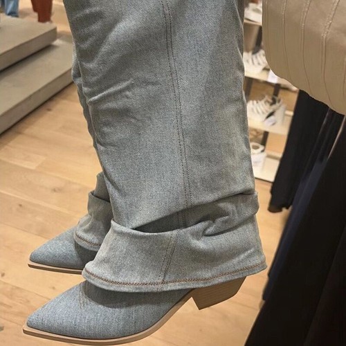 Moda Mujeres Botas Chelsea Vaquero Zapatos hasta la rodilla Tacones medios Botas Informales - Imagen 4 de 20