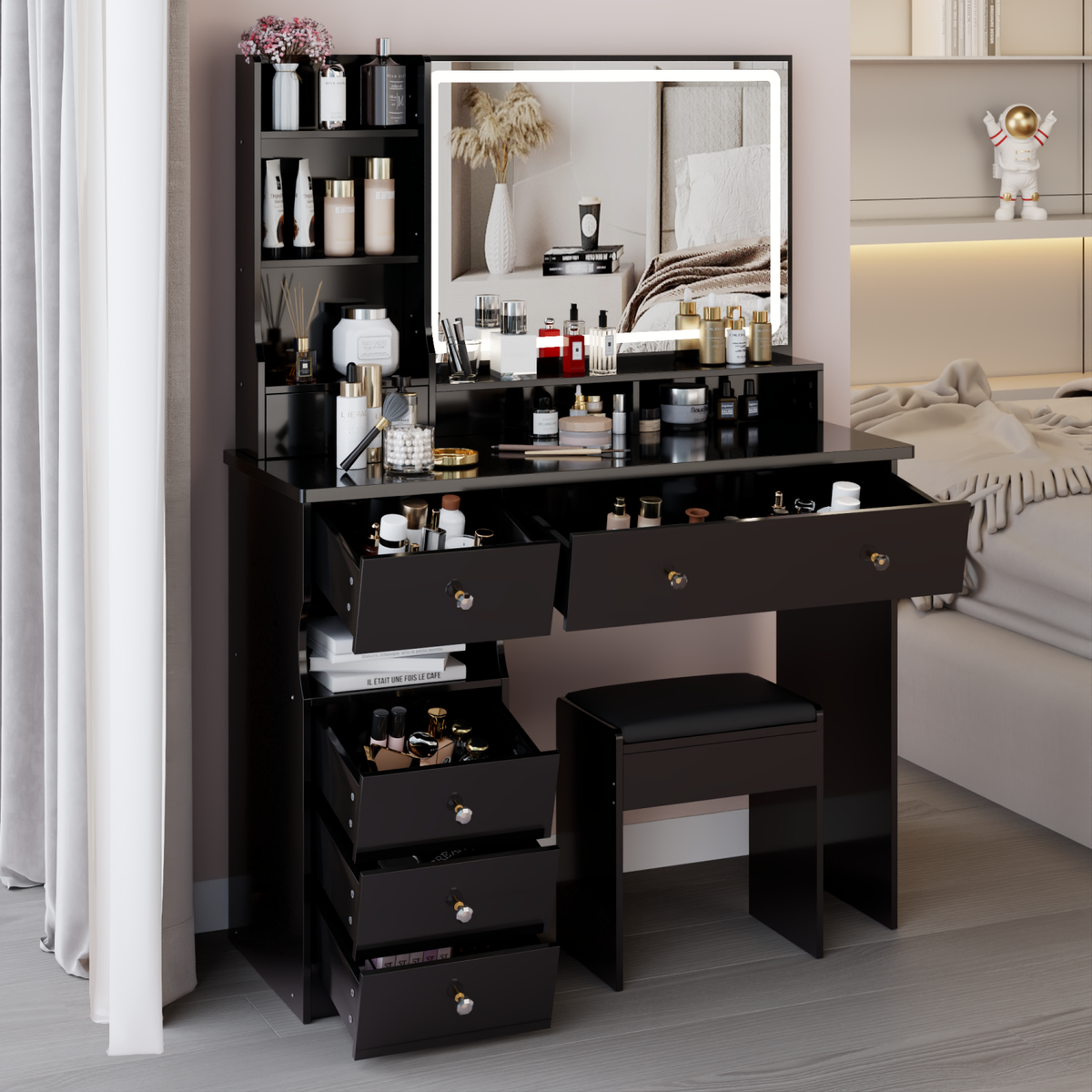 modern black dressing table 59" Makeup Vanity Desk, Modern Dressing Table with 4 Drawers (Without Mirror), Black