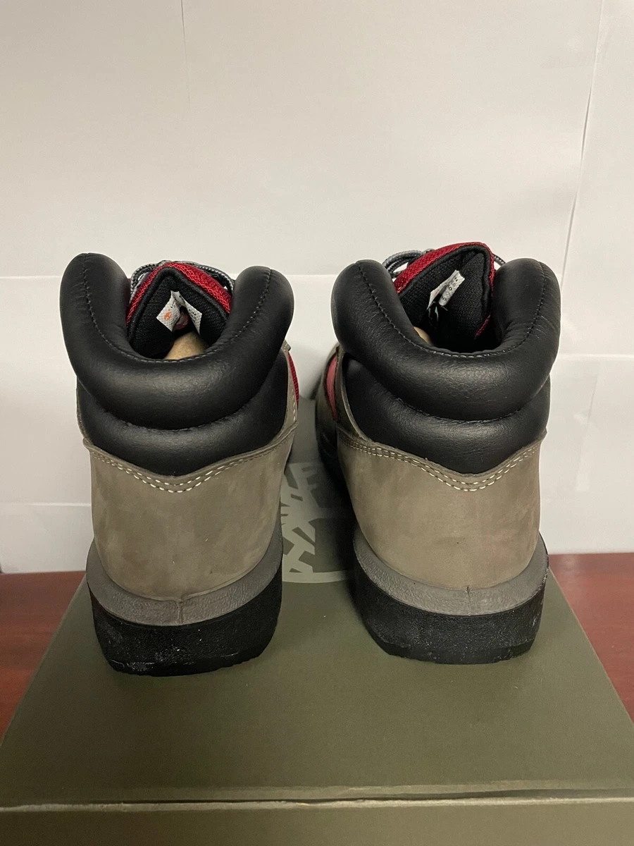 grey and red timberland boots