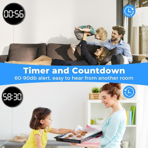 10" Digital Wall Clock W/Time/Date/Day/Temperature/Countdown/2 Alarms No Ticking - Picture 7 of 13