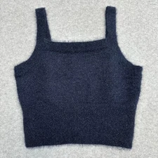House of Harlow 1960 Fuzzy Knit Cropped Tank Top Womens M Navy Blue Square Neck
