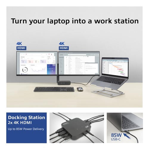 ACT USB-C Docking Station 4K, voor 2 HDMI monitoren, DisplayLink, compact model
