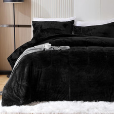 Queen Size Faux Fur Comforter Set 3PC, Ultra Soft Plush Bedding, Black