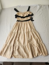 Maison Tara Womens Size 4 Beige Black Linen Blend Midi Dress Pockets NWT