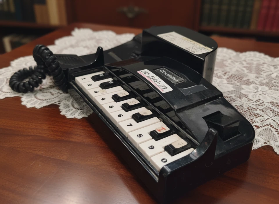 RARE COLUMBIA GRAND PIANO NOVELTY TELEPHONE 80s VINTAGE BLACK KEYBOARD PHONE - Image 4 of 4