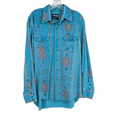 VTG 90s Wrangler Brushpopper Pearl Snap Turquoise Aztec 17-35 Distressed Western