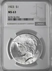 1923-P  $1 PEACE SILVER DOLLAR  "PHILADELPHIA MINT"  NGC MS63 #8678136-054