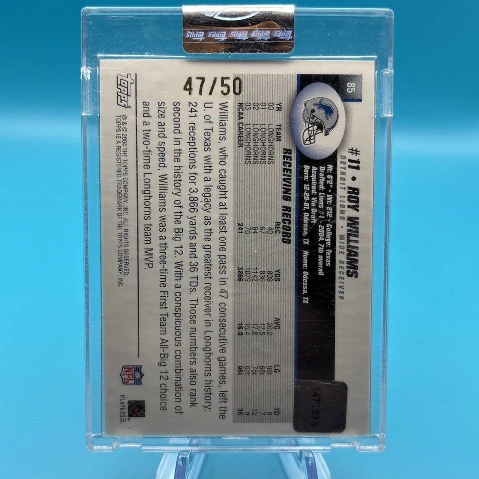 2004 Topps Signature Edition Blue Roy Williams #85 Rookie Jersey Auto RC 47/50 - Image 2 of 2