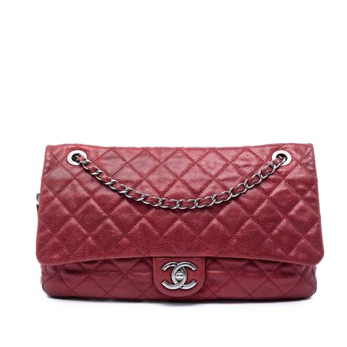 Chanel Jumbo Quilted Iridescent Caviar Easy Flap Pre-Loved Shoulder Bag Red