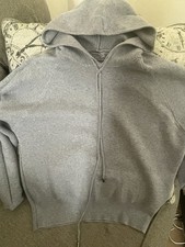 Women s Gray Solid Pullover Hoodie Cotton Blend Drawstring Long Sleeve M
