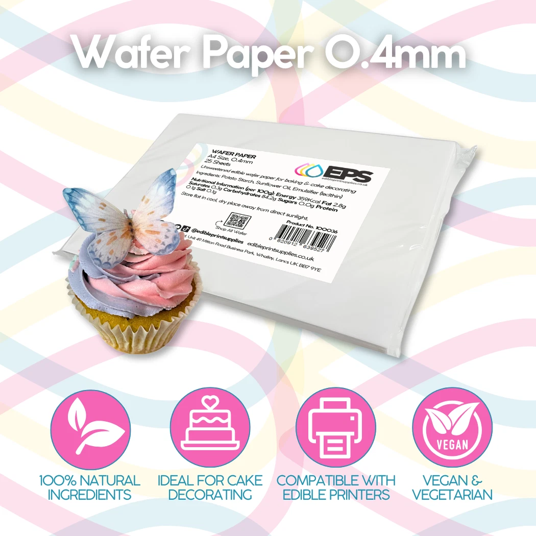 EPS A4 Oblatenpapier 0,4 mm (Reispapier) für essbaren Druck & Kuchen (25 Blatt)