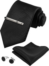 TIE G Stripe Plaid Mens Ties Set in Black Gift Box: Necktie and Pocket Square, C