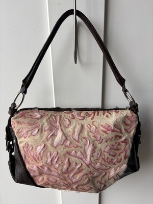 BERGE Shoulder Bag Italian Leather Real Fur Embossed Hobo Purse Small Bag VTG