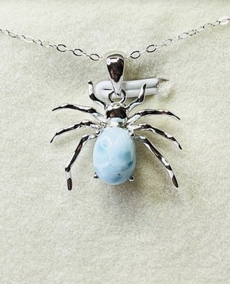 925 Sterling Silver Natural Blue Turtleback Larimar Spider Pendant Necklace