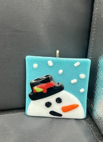 Snowman Snow Christmas Winter Fused Glass Bright Blue Handmade Ornament 3"
