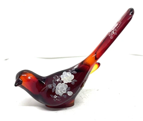Fenton Art Glass Ruby Red Amberina Long Tail Bird of Happiness Orig Tag Signed