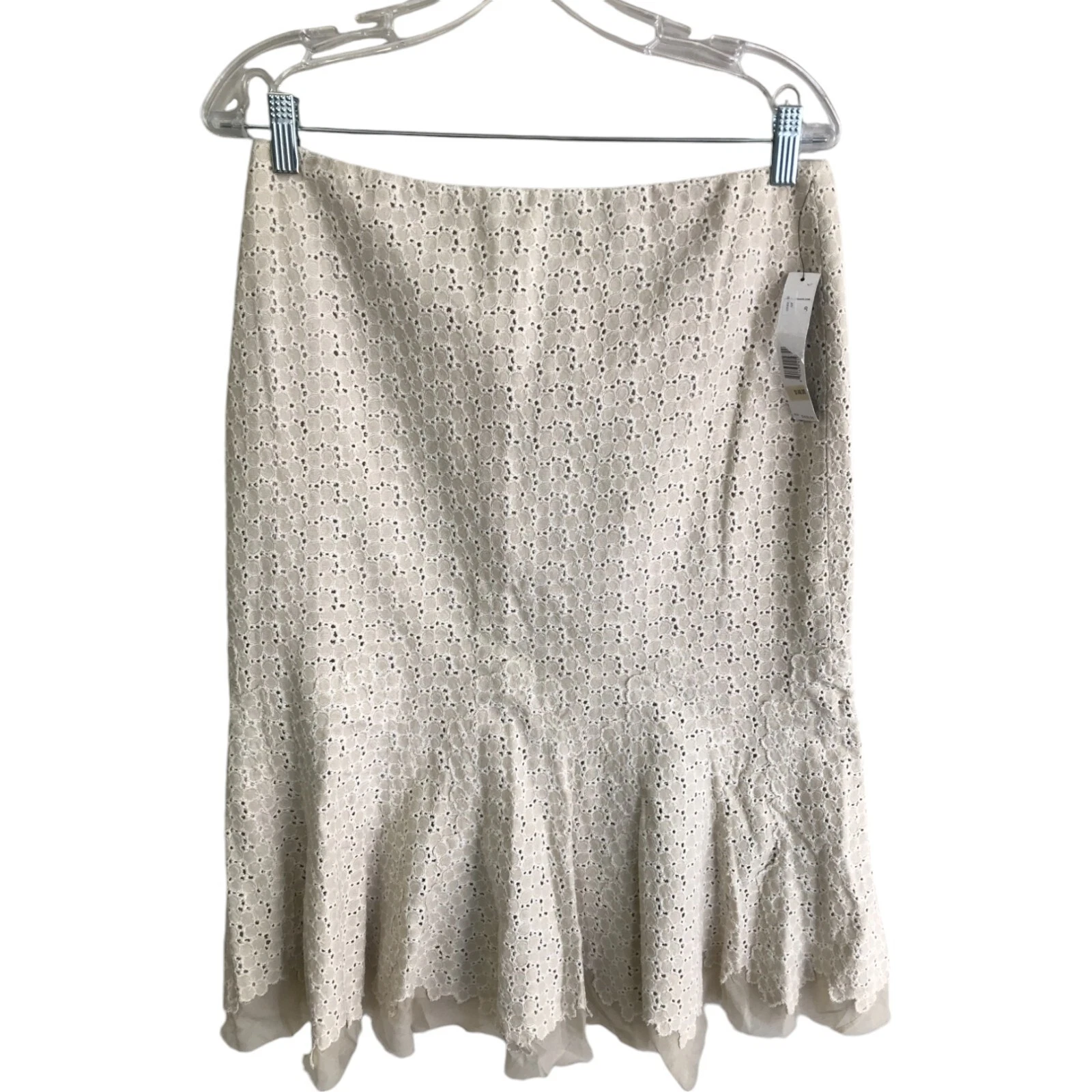$149 Elle Tahari Eyelet Lace Flounce Skirt Womens Size 8 Beige Linen Blend NWT