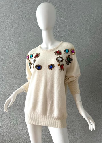 Vintage 80s White Bejeweled ANGORA Oversized WOOL Sweater Top M/L - Picture 13 of 15