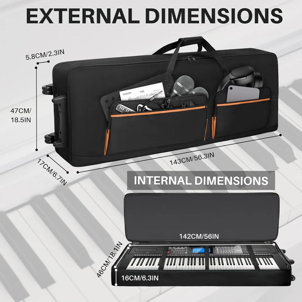 88-Key Keyboard Case with Wheels & Adjustable Shoulder Straps– Padded Rolling Gi - Image 3 of 4