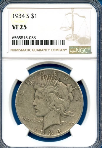 1934 S NGC VF25 Peace Silver Dollar $1 US Mint Rare Key Date Coin 1934-S VF-25
