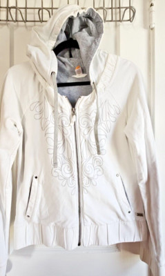 Lucy Hoodie full zip floral pleated hem white cotton Sz Small Peru made