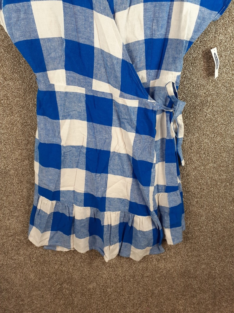 Old Navy Blue Gingham Check Wrap Dress Womens L Linen Blend Short Sleeve  NWT | eBay