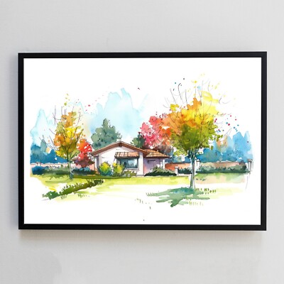 Moderner Bungalow Haus Architektur Gemälde Illustration A4 Wanddeko Kunstdruck