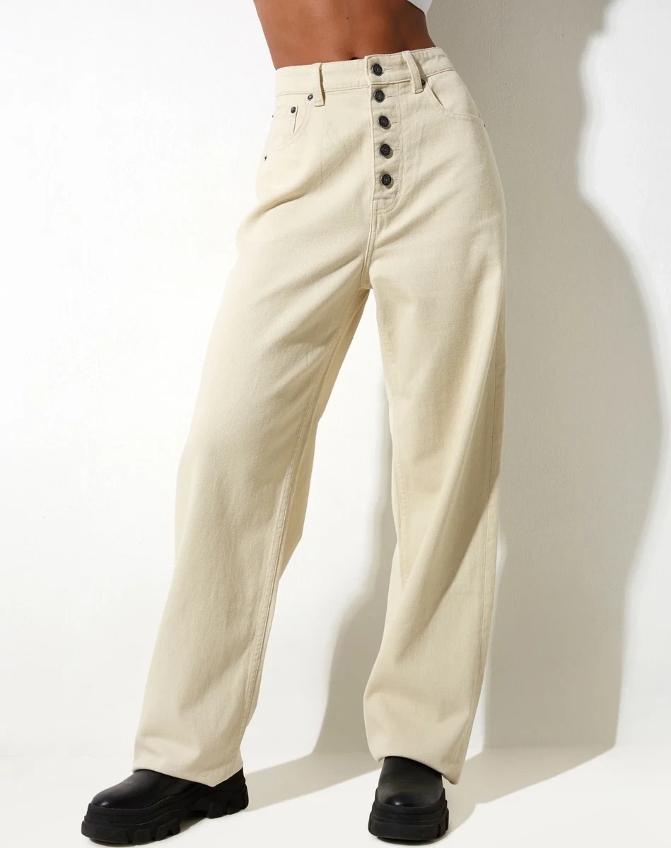 MOTEL ROCKS Exposed Button Parallel Jeans in Warm Cream MR126