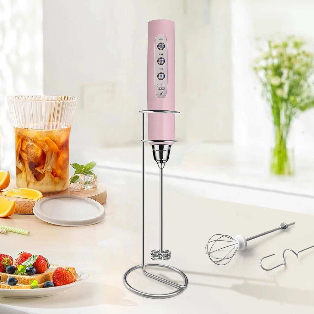 Milk Frother with Stand Rechargeable- Handheld Coffee 3 Pink