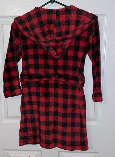 Eddie Bauer Sz XS 5/6 Kids Fleece Hoodie Robe Buffalo Plaid Red Black EUC - Picture 2 of 7
