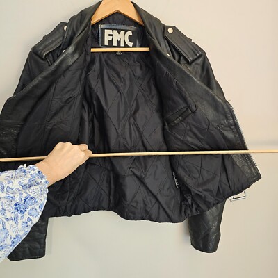 FMC Leather Motorcycle Jacket Mens 36 Black Quilt Lined Punk Biker