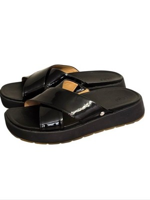 UGG Black Patent Crisscross Slide Sandals