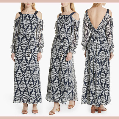 NEW $598 TORY BURCH [ XL ] Katherine Cold Shoulder Pleat Wrap Dress Navy J2198