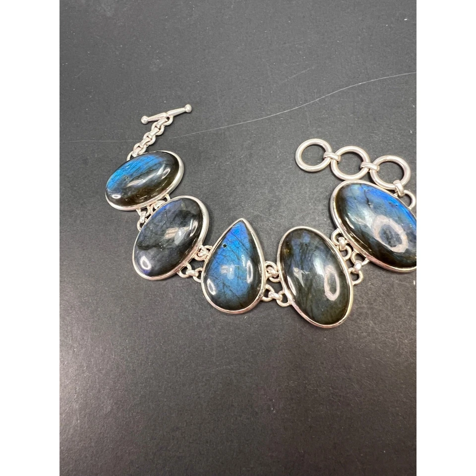 NUEVO Brazalete grueso de plata de ley de labradorita 6,5-7,75 pulgadas 55 gramos