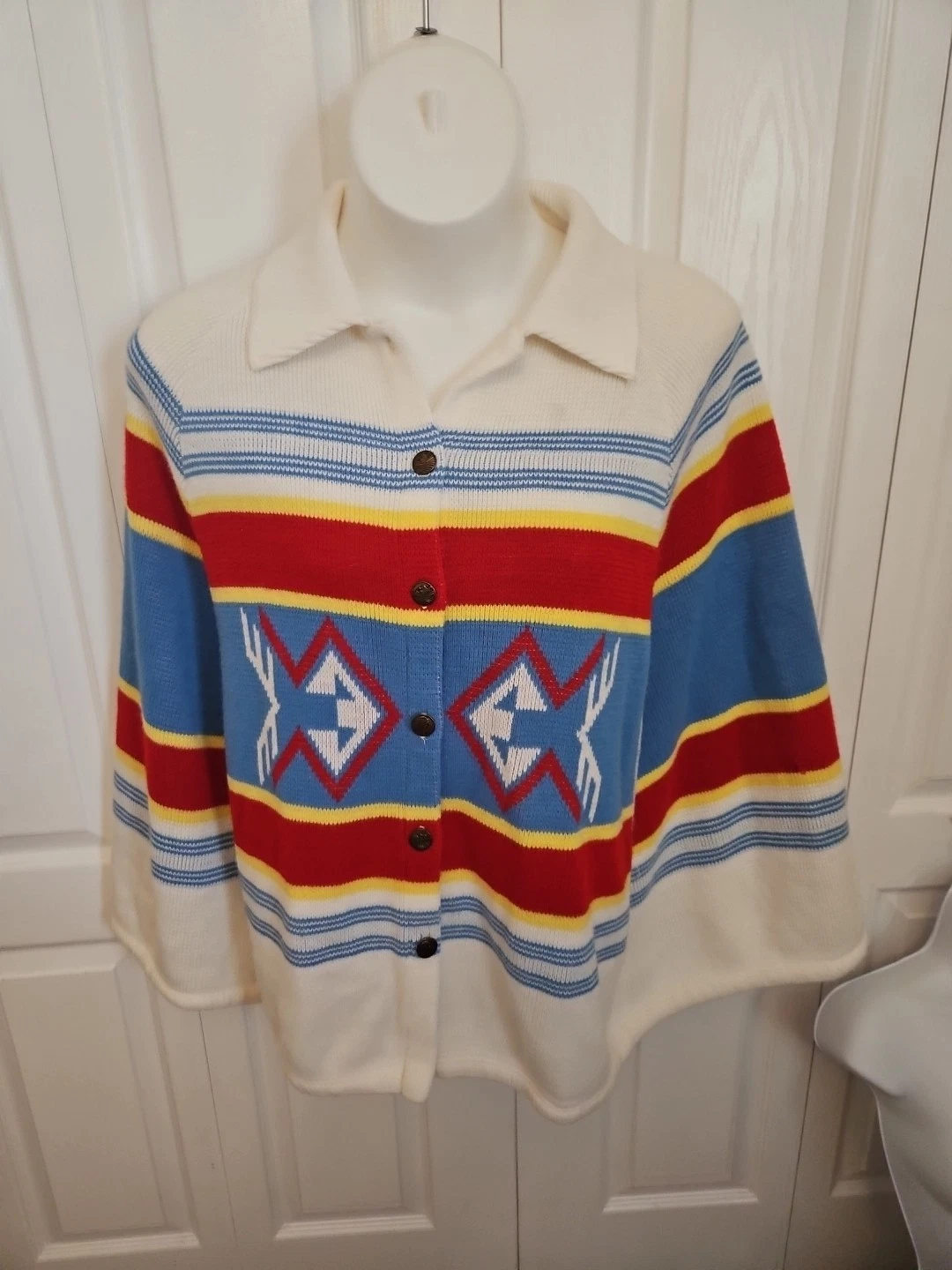 VTG Aztec Western Duster Poncho Cape Knit Adult OS Tribal Indian Southwest
