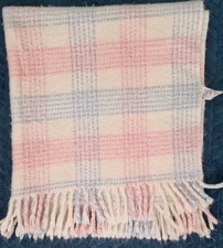 Mothercare Vintage Pram Cot Blanket Fringe Check Acrylic blue pink West Germany