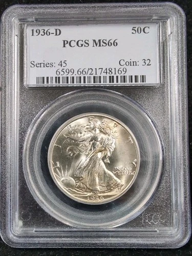 1936-D Walking Liberty Silver Half Dollar PCGS MS66 - Gold Toning 7174